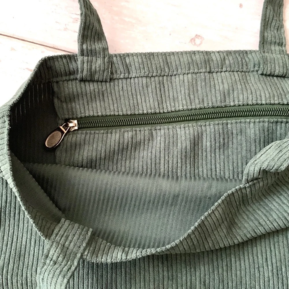 Corduroy Tote Bag Ribbed Green 100% Cotton Eco Reusable Purse Womens 14in x 14in